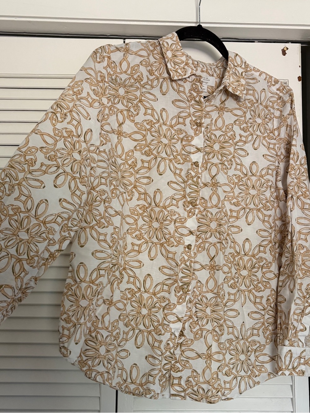 Linen Charter Club Luxury White Button-Up Shirt with Gold Floral Embroidery
